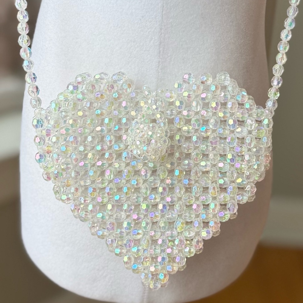 Vintage Iridescent Clear Beaded Heart Shaped Mini Bag Purse